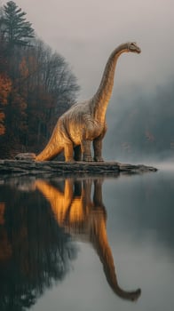 Majestic dinosaur statue reflecting on calm lake at dawn in serene autumn landscape photo