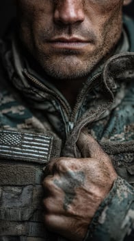 Military service member adjusts uniform gear while preparing for mission in rugged outdoor environment photo