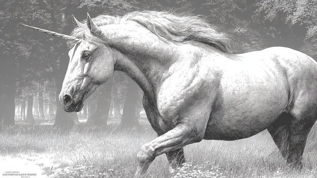Majestic unicorn walking gracefully through a misty forest on a calm morning photo
