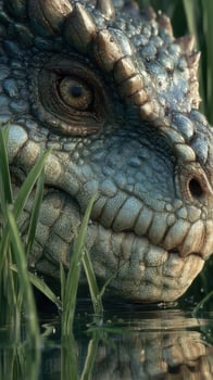 Lizard-like creature emerges from water among lush greenery during a tranquil afternoon photo