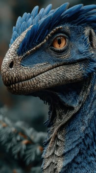 Detailed close-up of a blue feathered dinosaur in a forest setting during daylight hours photo