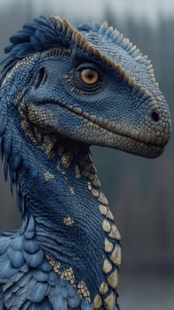 Majestic blue dragon with intricate scales in a misty forest setting during early morning light photo