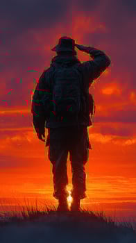 Soldier saluting against a dramatic sunset sky during twilight in a serene landscape photo