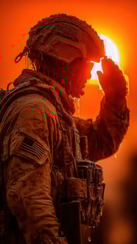 Soldier salutes at sunset, showcasing determination and resilience during a challenging mission in a rugged environment photo