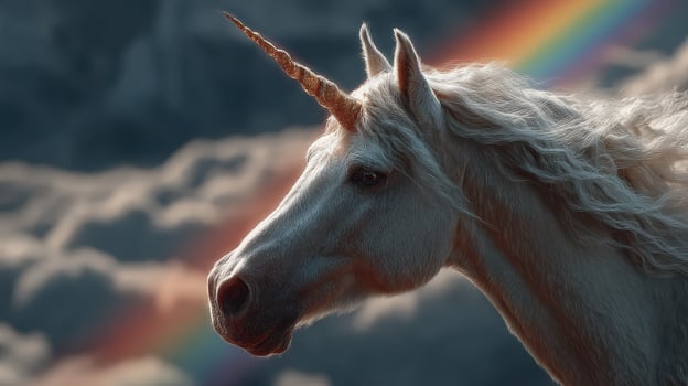 Majestic unicorn stands proudly against a backdrop of clouds and a rainbow in a fantastical landscape photo