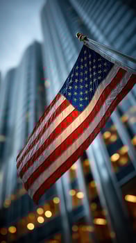 American flag waving in front of tall modern buildings in an urban setting during twilight photo
