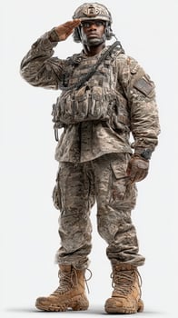 Soldier saluting with military uniform in camouflage standing at attention during training exercise photo