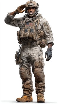 Soldier in tactical gear saluting with muddy uniform in a military setting during daytime photo