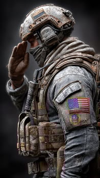 Soldier wearing tactical gear saluting, honoring commitment and service during a solemn moment photo