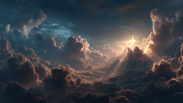 Sunset light shining through clouds with a cross illuminating the sky above a serene landscape photo