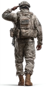 Soldier in camouflage uniform saluting with a military backpack in a solemn moment photo