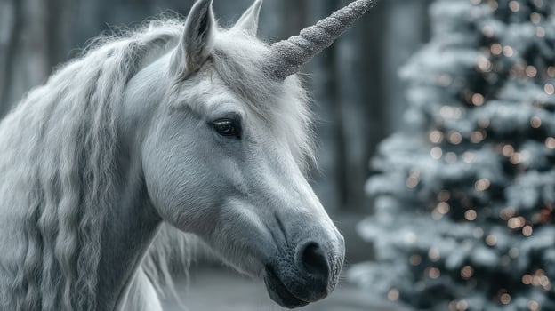 Majestic silver unicorn gazing serenely in a snowy forest during winter festivities photo