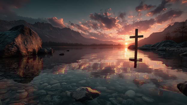 Beautiful sunset over serene lake with a cross reflection and mountain backdrop in peaceful nature setting photo