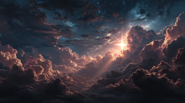 Brilliant sunlight breaking through dark clouds creates a serene, breathtaking atmosphere at dusk photo