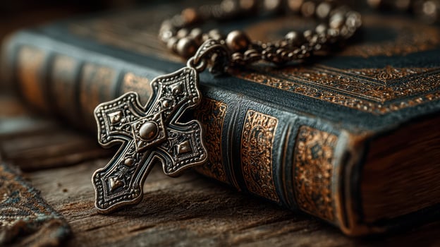 Silver cross pendant rests on a vintage leather-bound book with intricate detailing in a warm, rustic setting photo