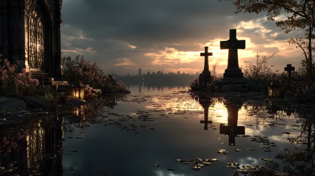 Eerie sunset over a tranquil waterway with tombstones reflecting in calm waters near an old mausoleum photo