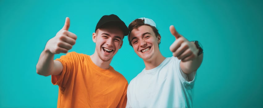 The joyful young men giving thumbs up in a colorful setting. photo
