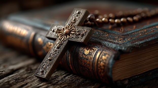 Intricate cross and rosary placed on an ancient leather-bound religious book in soft light photo