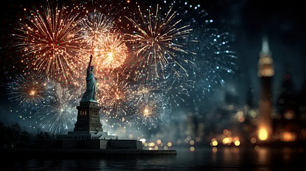 Fireworks illuminate the night sky over the Statue of Liberty during a celebration in New York City photo