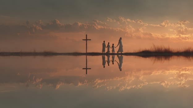 Family walks along serene waterfront at sunset, reflecting on the day and symbolizing love and connection photo