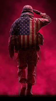 Soldier saluting with American flag representation in a dramatic red background at twilight photo