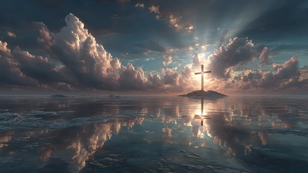 Serene sunset over tranquil waters with a cross reflecting in the peaceful atmosphere photo