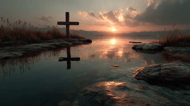 Sunset reflection over a tranquil lake with a wooden cross by the shore in a serene landscape photo