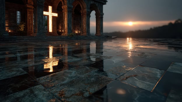 Sunset view of illuminated cross reflecting on wet stone floor in mystical temple setting photo