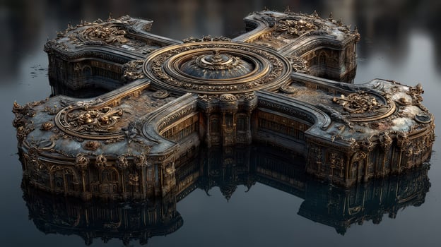 Intricate architectural marvel rises from the water, showcasing baroque influences and detailed craftsmanship at twilight photo