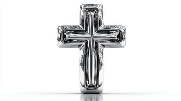 Shiny metallic cross on a white background reflecting light with elegant contours photo