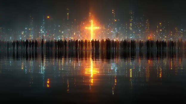 Crowd gathers at night to witness illuminated cross reflection in water amidst urban backdrop photo