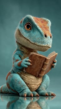 Colorful dinosaur character reading a book in a whimsical setting with a playful expression photo