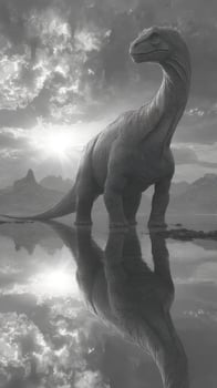 Majestic dinosaur stands by the reflective water under a stunning sunrise in a prehistoric landscape photo