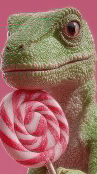 Green lizard enjoys colorful candy on pink background in playful display of whimsy and sweetness photo