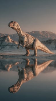 Majestic dinosaur standing near a reflective lake surrounded by mountains at sunrise photo