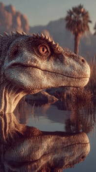 Majestic dinosaur emerges from serene waters in a prehistoric landscape during twilight hours photo