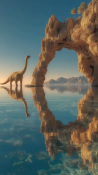 Majestic dinosaur by rock arch reflecting in serene water at sunset photo