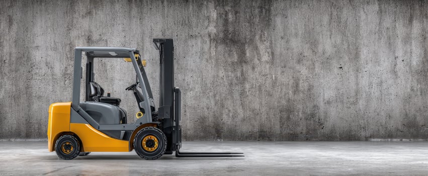 The industrial forklift parked against a textured concrete wall in a spacious warehouse photo