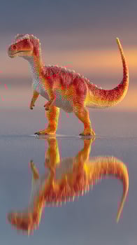 Brightly colored dinosaur stands on reflective surface during sunset in a serene landscape photo