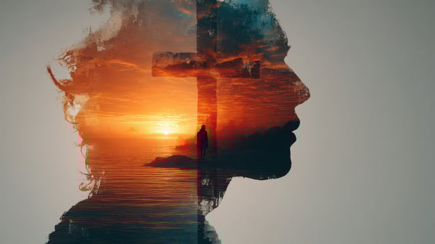 Sunset silhouette of a cross and human profile with ocean backdrop reflects spirituality and calmness during twilight photo