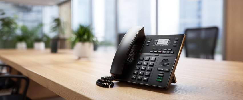 The modern office telephone on a sleek wooden desk in a bright workspace. photo