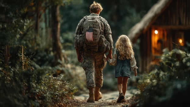Soldier walks hand in hand with young girl through forest path on a quiet evening photo