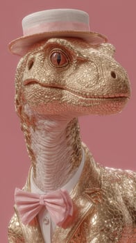 Elegant dinosaur in golden attire wearing a pink bow tie and hat against a pink backdrop photo