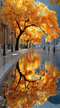 Beautiful autumn trees reflect in calm waters along a serene canal photo
