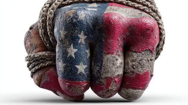 Symbolic representation of strength and unity displayed through a clenched fist wrapped in rope, showcasing patriotic colors photo