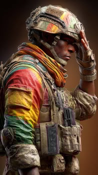 Soldier in protective gear saluting with vibrant scarf in a moment of respect during a military operation photo