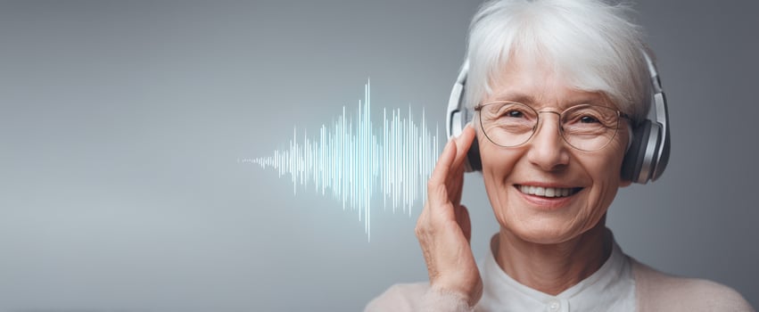 The joyful elderly woman enjoying music with headphones in a serene atmosphere. photo
