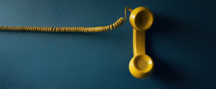 The vintage yellow telephone hanging against a blue wall in a minimalist setting. photo