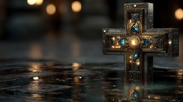 Intricate cross with glowing elements rests on a reflective stone surface in a dimly lit setting photo