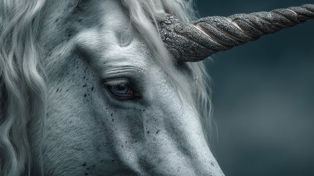 Majestic unicorn with intricate horn details stands in a mystical, foggy environment during twilight hours photo